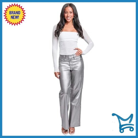 High Rise Straight Leg Metallic Pants Women's Hyperstretch Rayon Nylon Spandex - Picture 7 of 8